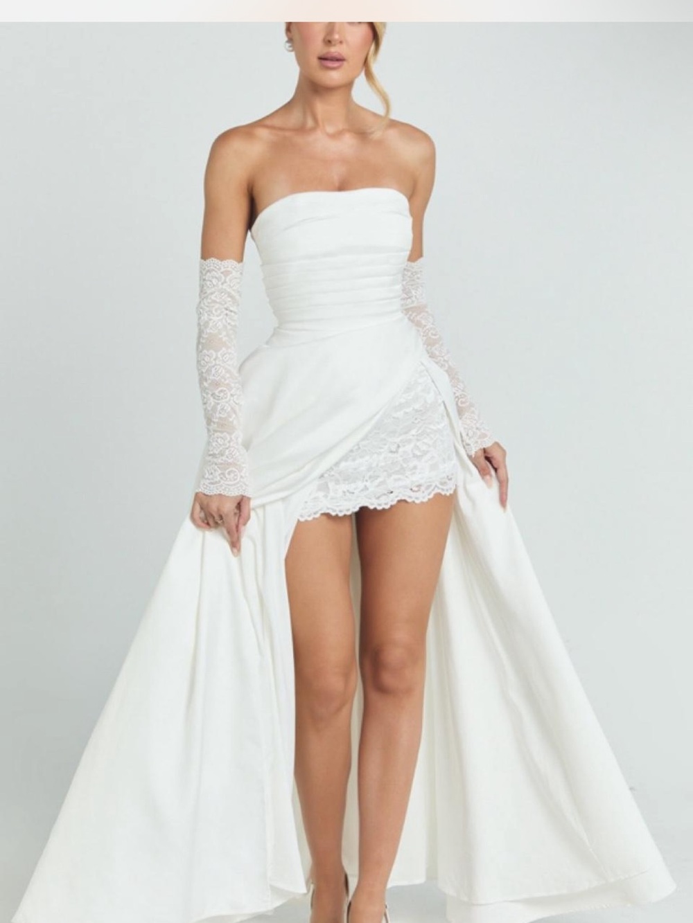 Strapless White Bridal Overlay Dress with Lace Gloves